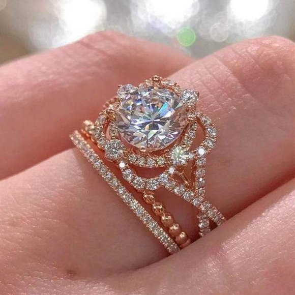 NEW Rose Gold Round Diamond Flower Wedding Ring